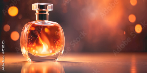 a bottle of perfume on a background of fire heat