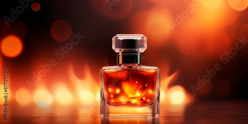 a bottle of perfume on a background of fire heat