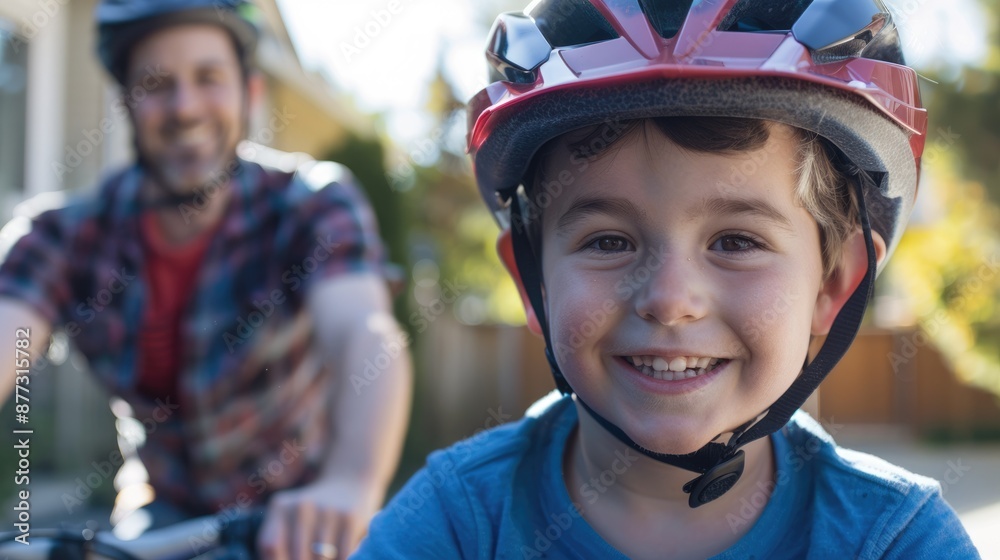 Child Learning to Ride Bicycle with Bike Helmet. Smiling Boy with Father Child Learning to Ride Bicycle with Bike Helmet. Smiling Boy with Father