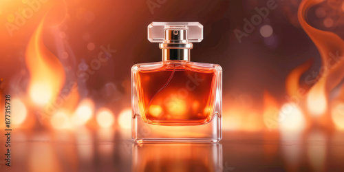 a bottle of perfume on a background of fire heat