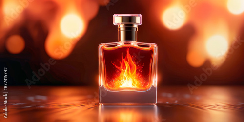 a bottle of perfume on a background of fire heat
