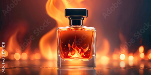 a bottle of perfume on a background of fire heat
