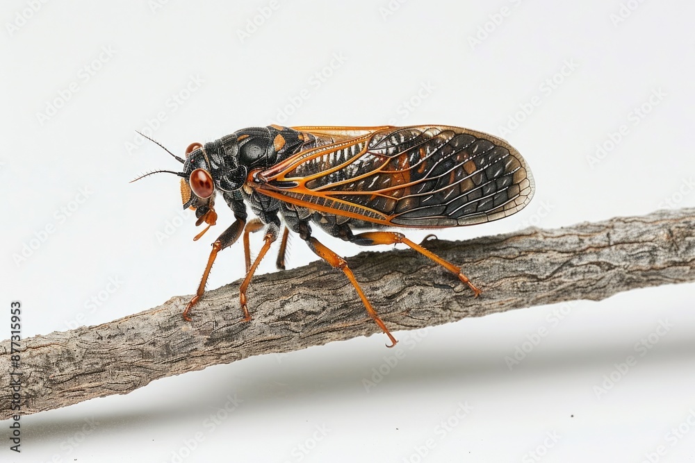 Cicadas. Periodical Insect with Black Wings Perched on Stick, White Background in Ohio Cicadas. Periodical Insect with Black Wings Perched on Stick, White Background in Ohio