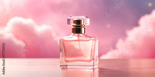perfume bottle on a background of pink clouds