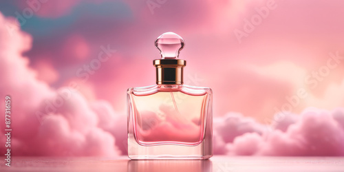 perfume bottle on a background of pink clouds
