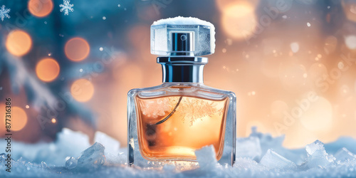 perfume bottle against the background of frost snow blurred lights