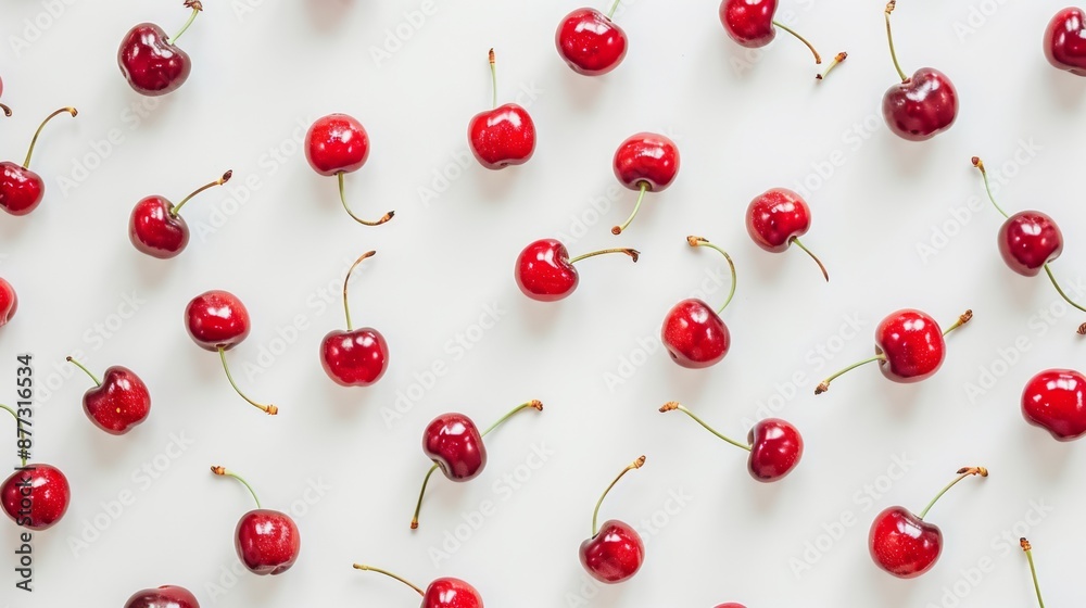 Evenly scatter fresh cherries across a white background Evenly scatter fresh cherries across a white background
