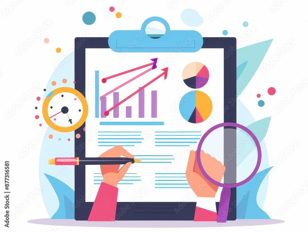 Colorful business analysis with charts and graphs on a clipboard. Magnifying glass and clock representing research and time management. Colorful business analysis with charts and graphs on a clipboard. Magnifying glass and clock representing research and time management.