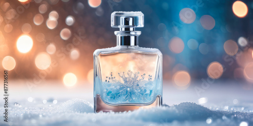 perfume bottle against the background of frost snow blurred lights