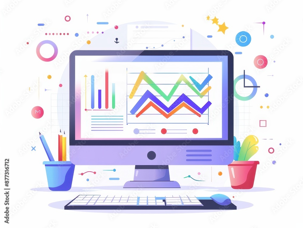Colorful analytics dashboard on computer screen with charts and graphs, surrounded by office supplies, symbolizing data analysis and business planning.