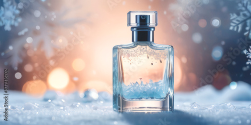 perfume bottle against the background of frost snow blurred lights