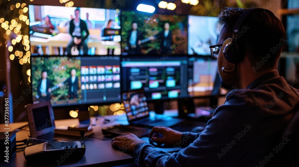 Person attending a virtual event on a laptop with multiple screens Person attending a virtual event on a laptop with multiple screens