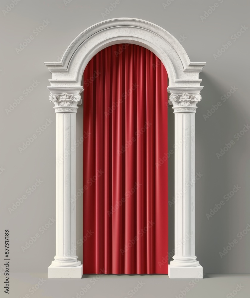 Classical white column with an arched top and red curtains Classical white column with an arched top and red curtains