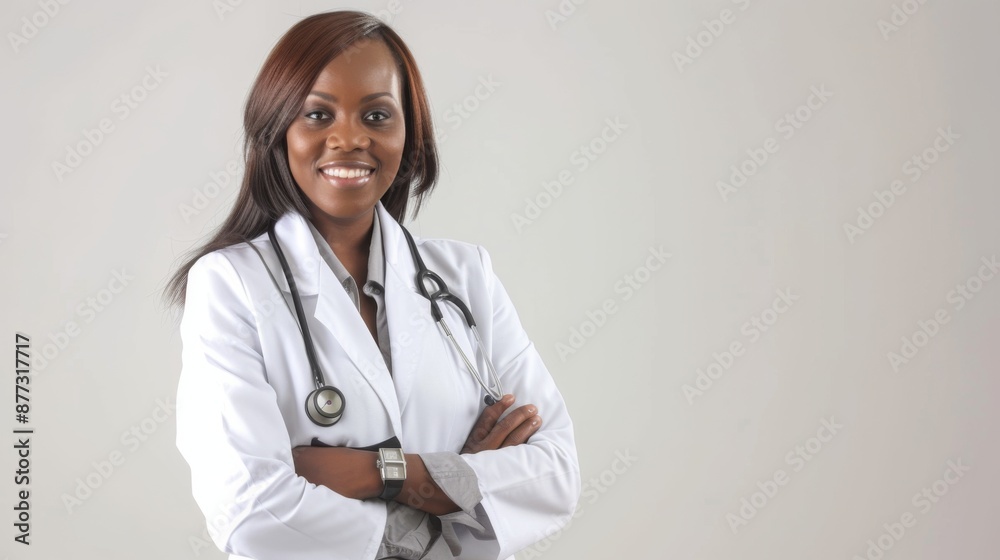 An attractive female physician with a stethoscope, standing confidently against a white background An attractive female physician with a stethoscope, standing confidently against a white background