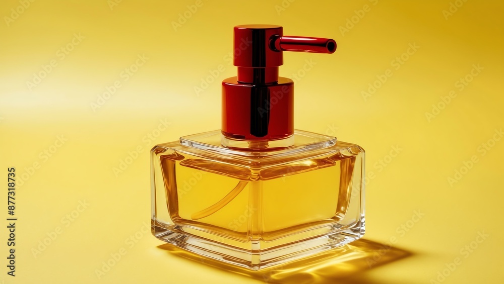 aesthetic perfume bottle with red nozzle filled with t background