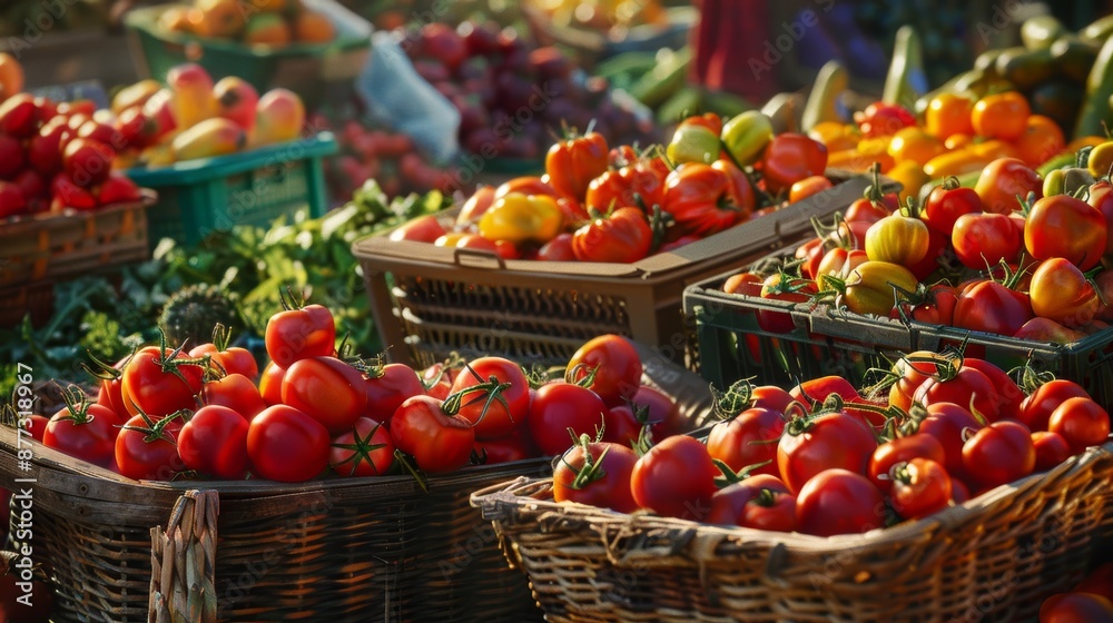 Bustling Market Scene with Fresh Produce: Tomatoes in Baskets for Food Photography or Print Design Bustling Market Scene with Fresh Produce: Tomatoes in Baskets for Food Photography or Print Design