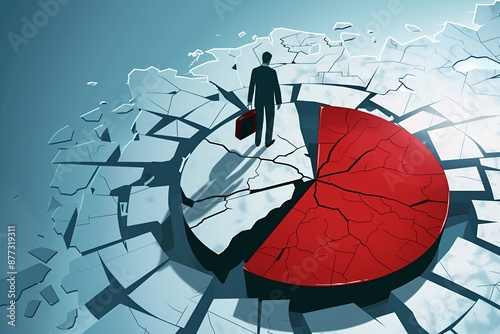 Man on Cracked Pie Chart Illustrating Financial Difficulties