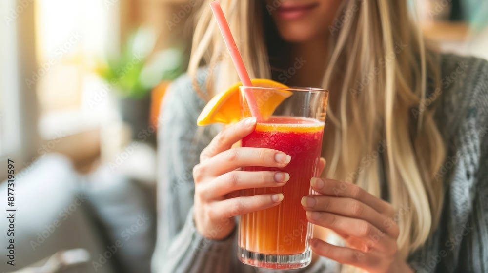 A person enjoying a healthy smoothie or juice A person enjoying a healthy smoothie or juice