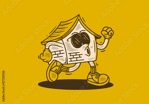Walking house mascot character in vintage retro style