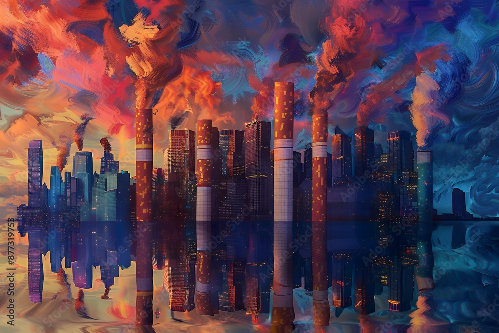 Surreal cityscape with colorful smoke and reflections Surreal cityscape with colorful smoke and reflections