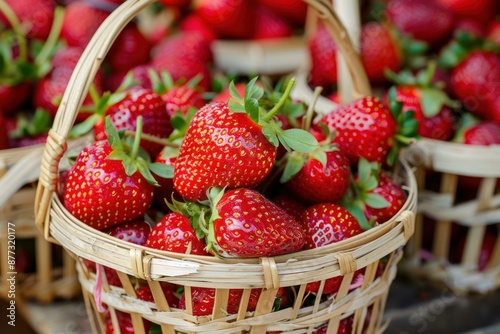 Ripe red strawberries overfill a traditional wicker basket, showcasing summer's bounty