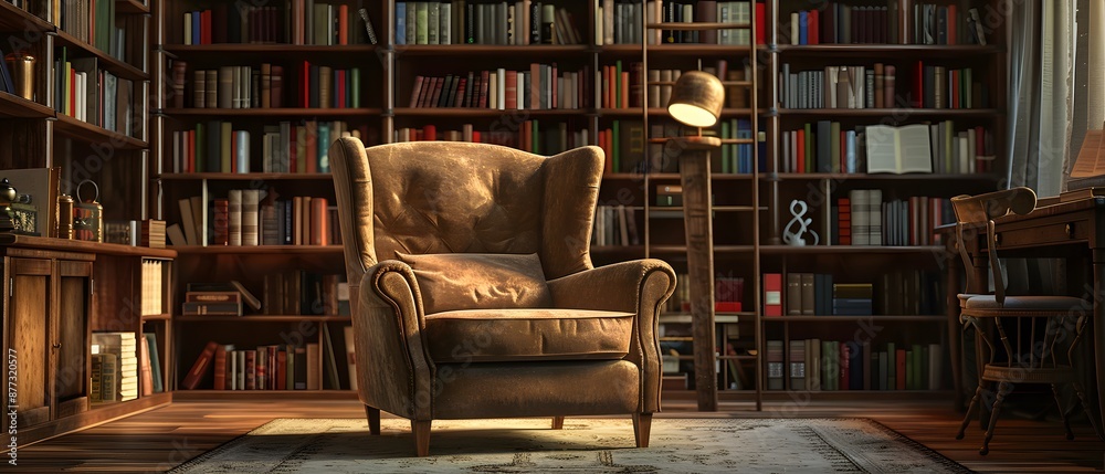 Leather armchair in a room with bookshelves. Leather armchair in a room with bookshelves.