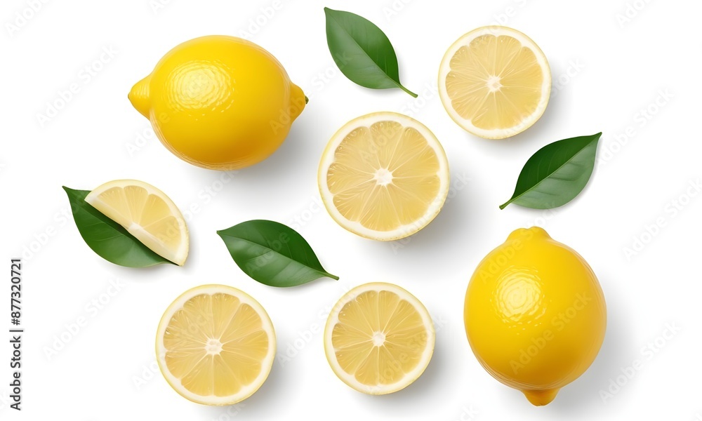 Whole and Sliced Lemons with Green Leaves, Arranged on a White Background - Fresh Citrus Elegance in a Bright Display Whole and Sliced Lemons with Green Leaves, Arranged on a White Background - Fresh Citrus Elegance in a Bright Display