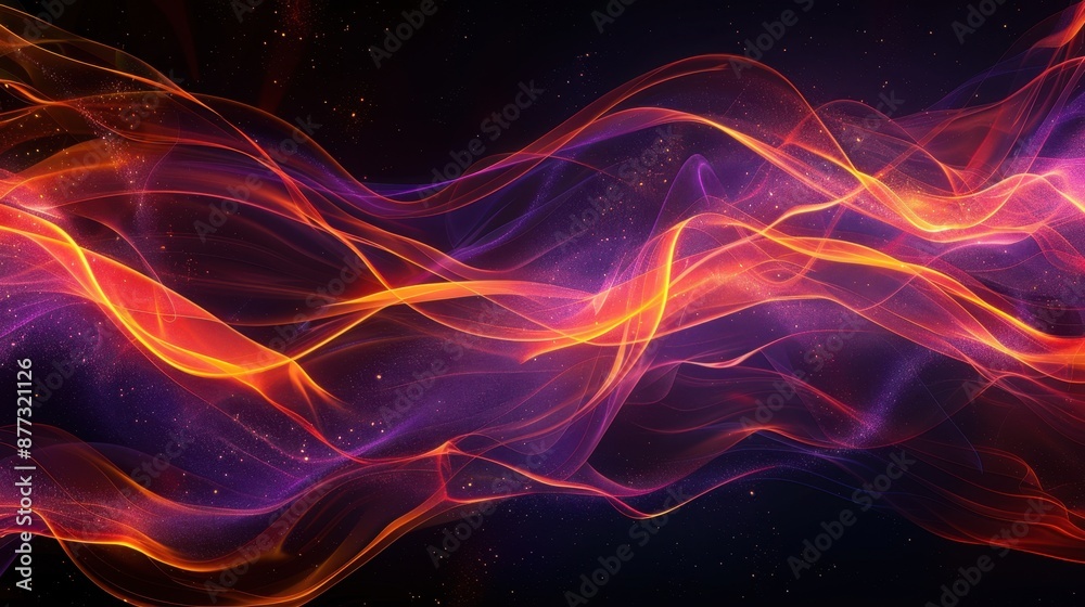 Dynamic blend of orange and purple lines weaving through a dark background, creating a vibrant and energetic abstract scene. Dynamic blend of orange and purple lines weaving through a dark background, creating a vibrant and energetic abstract scene.