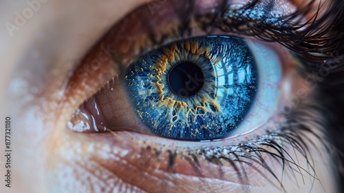 Extreme close-up of a blue eye, highlighting intricate details and patterns in the iris, creating a mesmerizing and intense image.