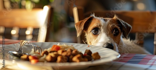 Jack Russell terrier dog eat meal from a table. 