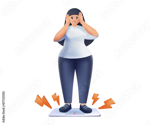Overweight and Obese people concept 3D illustration. Fat obese sad woman standing on scales having weight problems, 3D