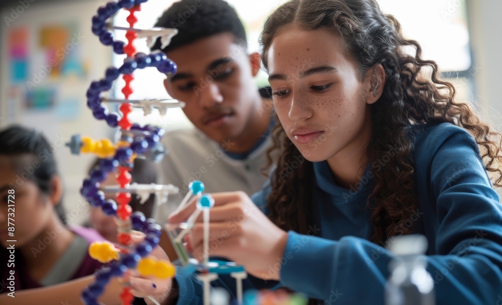 Teenage students working together on a science project with a DNA model in a classroom Teenage students working together on a science project with a DNA model in a classroom