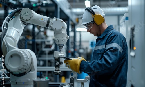 Engineer operating robotic arm in industrial facility with safety gear