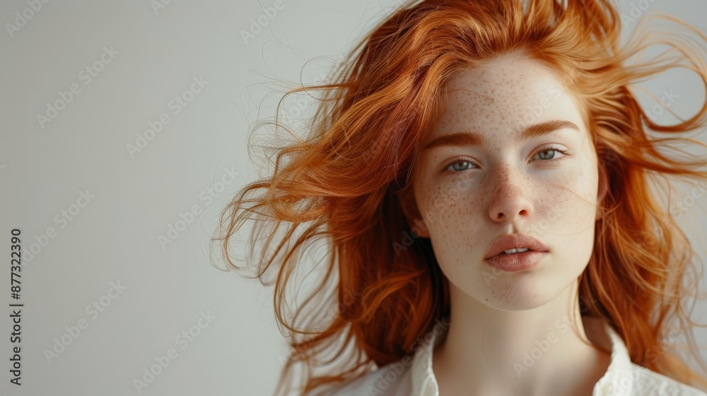 A woman with copper-colored red hair on a light background. A woman with copper-colored red hair on a light background.