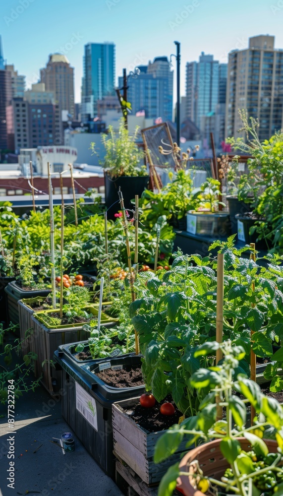 Fototapeta premium Urban Rooftop Vegetable Garden with Tomato Plants and Cityscape in Background