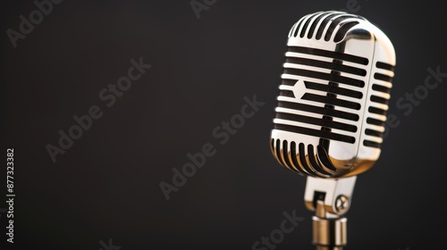 Vintage chrome microphone isolated on a dark studio background, detailed high-resolution photo, no people, large area for copy space, focus cover all object, deep dept of field
