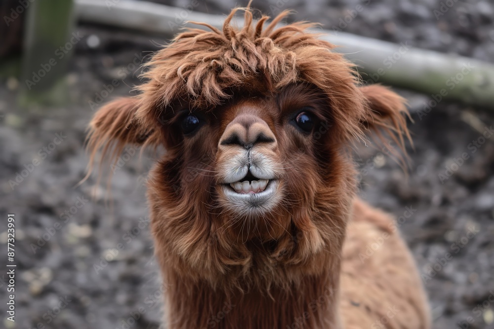 Fototapeta premium Close-up of a brown alpaca making a humorous face, standing on dirt with soft fur and hair over its eyes.