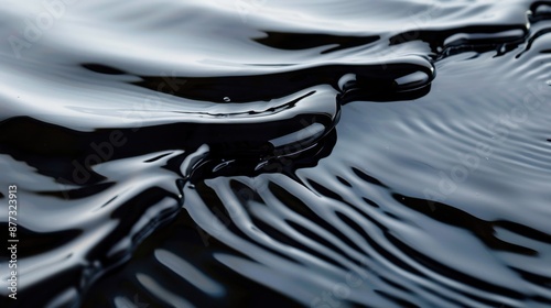 Waves of dark, viscous liquid create hypnotic patterns on a smooth surface, evoking the flow of oil.