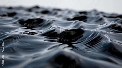 Waves of dark, viscous liquid create hypnotic patterns on a smooth surface, evoking the flow of oil.