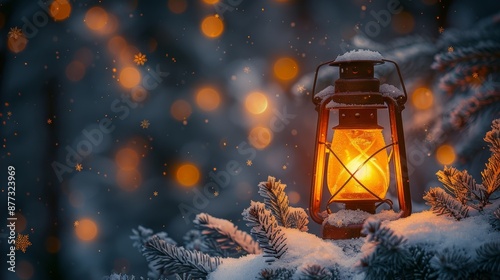 Magical Winter Lantern with Glowing Light - Generative AI © studio clever