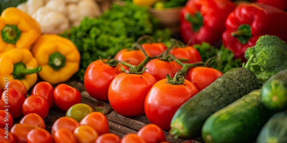 An assortment of farm-fresh tomatoes and other vegetables displayed in vivid colors, highlighting freshness and variety. An assortment of farm-fresh tomatoes and other vegetables displayed in vivid colors, highlighting freshness and variety.