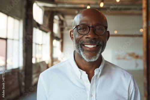 Portrait of a cheerful afro-american man in his 50s wearing a classic white shirt in empty modern loft background