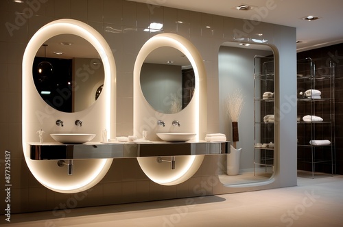 Stylish contemporary bathroom interior features sleek vanity units with glowing circular mirrors