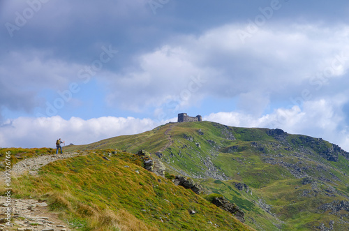 Mount Pip Ivan. Carpathians. Ukraine. a tourist walks in the mountains