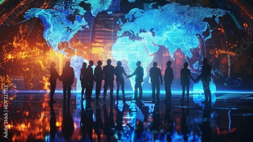 Silhouettes of business professionals shaking hands against a digital world map, symbolizing global partnership