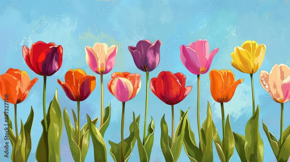 Fototapeta premium Colorful Tulips Against a Blue Sky