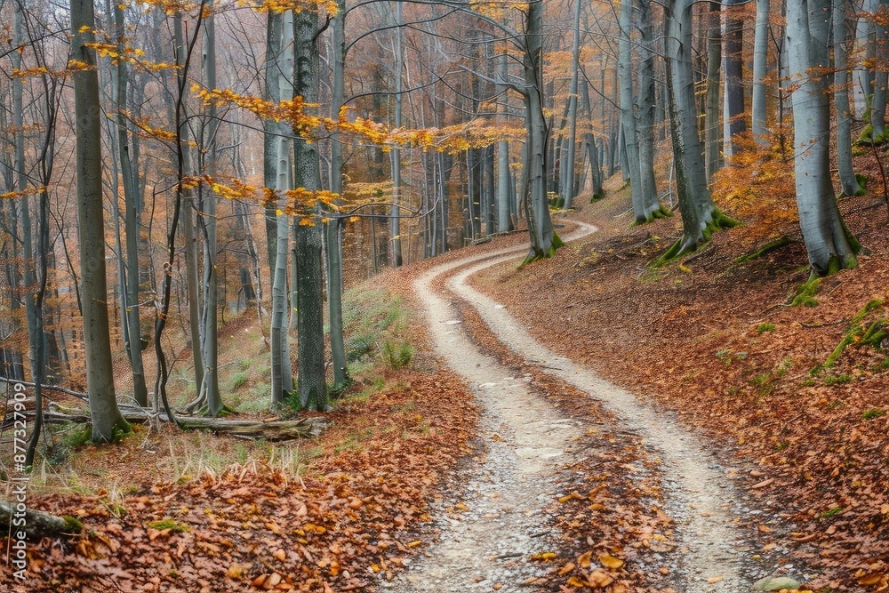 Fototapeta premium A winding dirt path through a peaceful autumn forest with leaves covering the ground and trees dressed in fall colors.