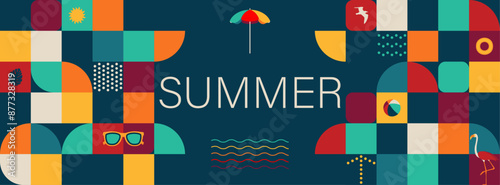 Summer, horizontal geometric banner with summer symbols in geometry style, vector illustration