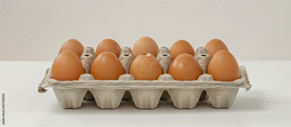 Egg carton holding ten eggs set against a white backdrop with room for text or images. Copy space image. Place for adding text and design Egg carton holding ten eggs set against a white backdrop with room for text or images. Copy space image. Place for adding text and design