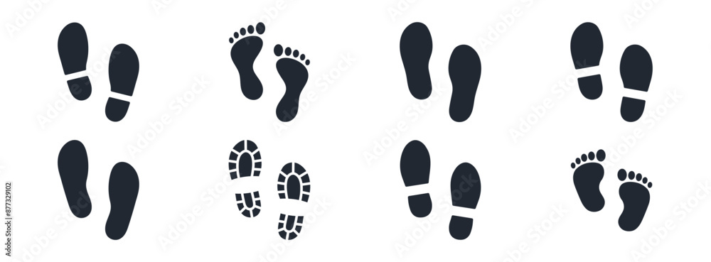 Human foot and shoe print icons set vector illustration isolated on white background. Human foot and shoe print icons set vector illustration isolated on white background.
